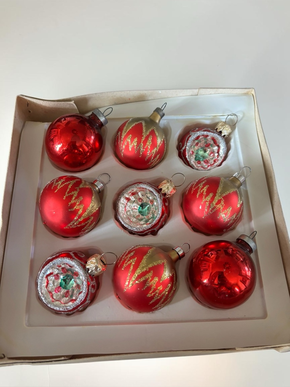 Vintage Czechoslovakia Glass Christmas Ornaments Set 9 Red Gold Reflector